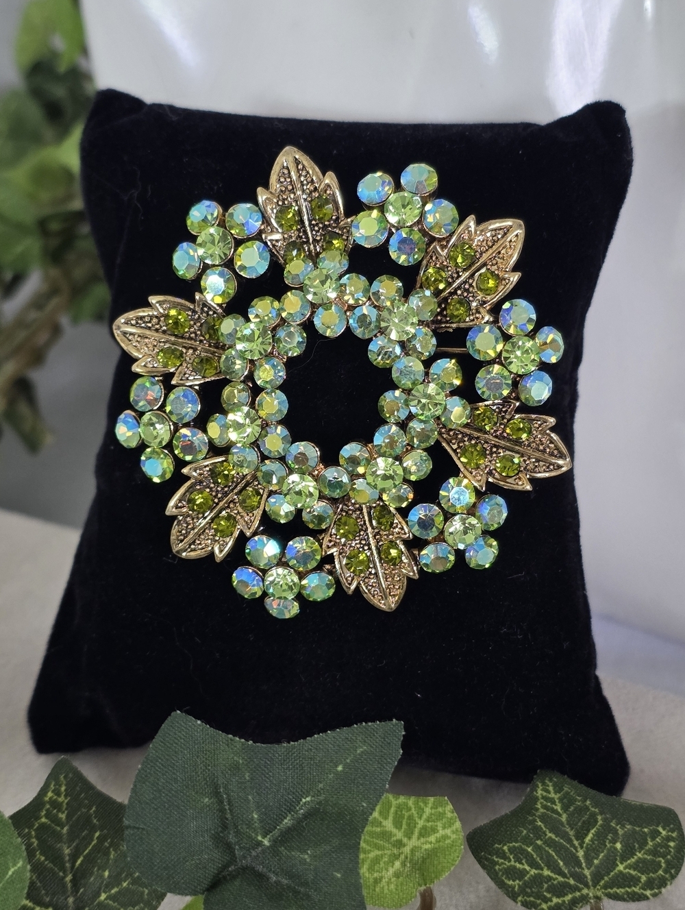 Vintage Gold Tone Lime Green AB Crystal Wreath Brooch Pin Floral Leaf Statement